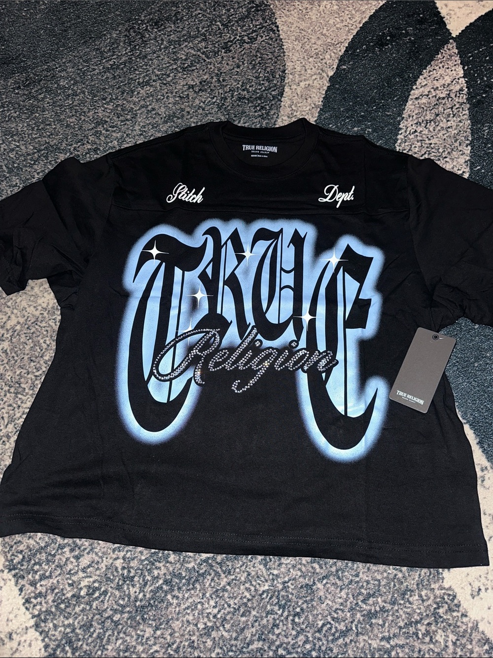True Religion Men Black Tee with Light Blue Script Logo